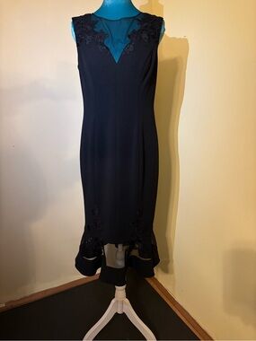 Aidan Mattox Black Sleeveless Sheath Dress with Lace Insets